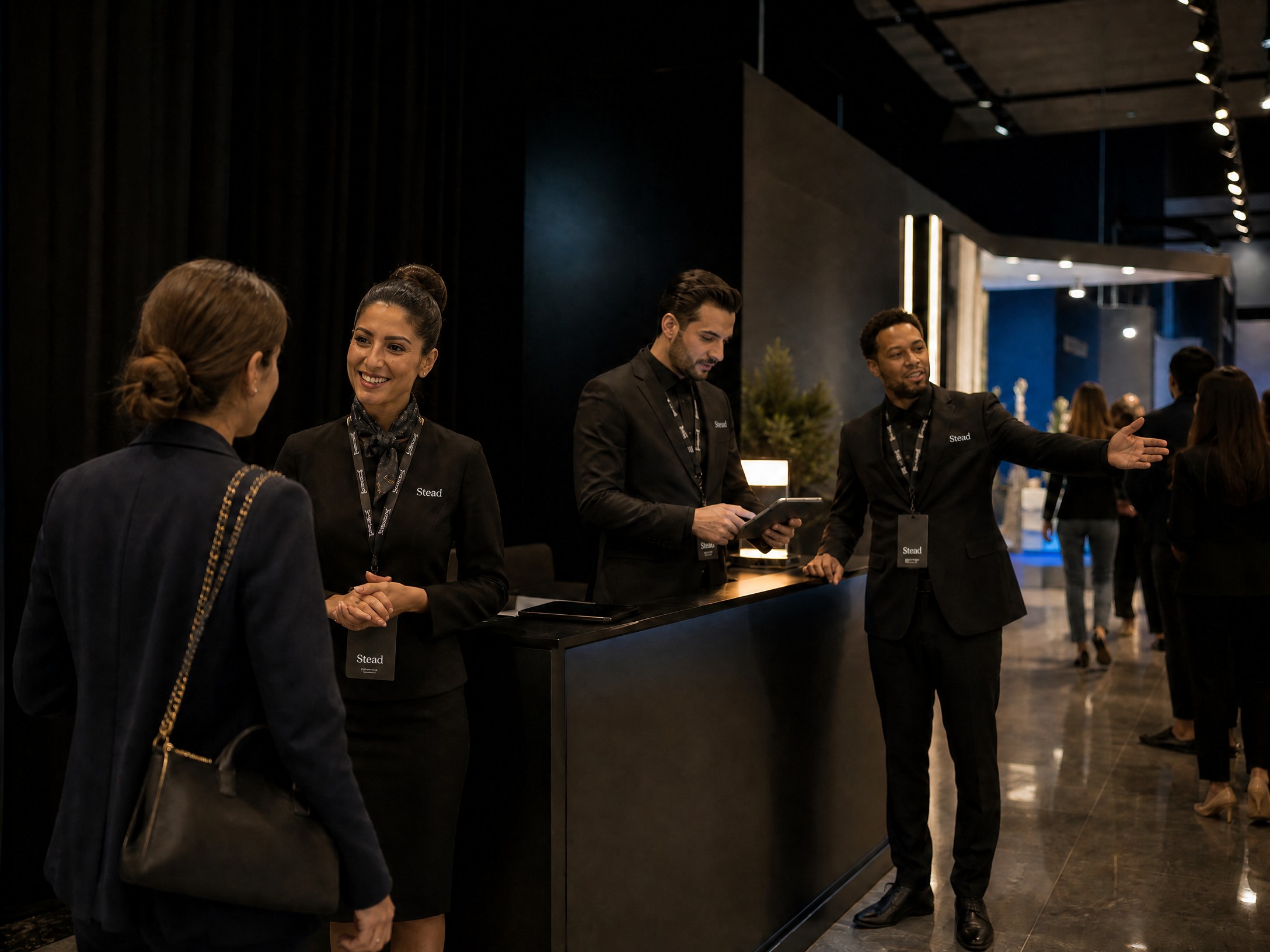 Stead event staffing team welcoming and assisting exhibition guests